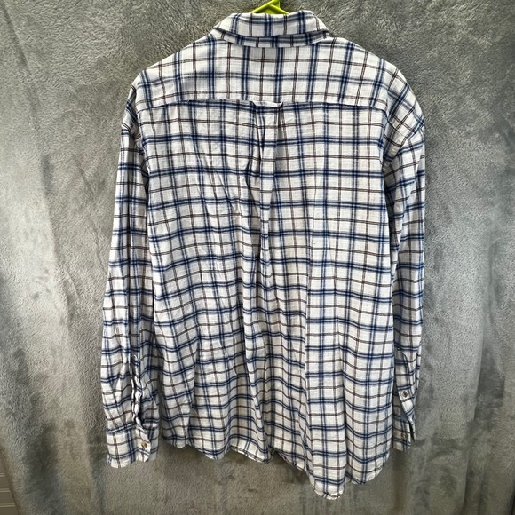 IZOD Mens XXL Long Sleeve Button Down Plaid Shirt White Blue Brown Essential Dad - Picture 7 of 8